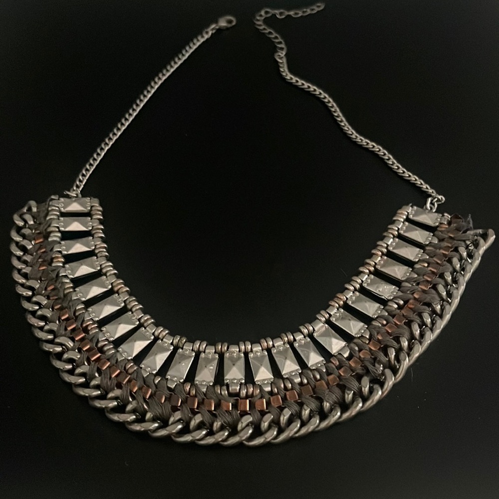 Leather hand braided studded chain necklace mixed metal